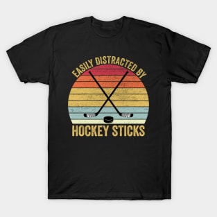 Easily Distracted By Hockey Sticks Funny Ice Hockey T-Shirt